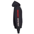 Ashtown Clothing black unisex zip-up hoodie with Emergency Department text printed in red and white on the sleeve.