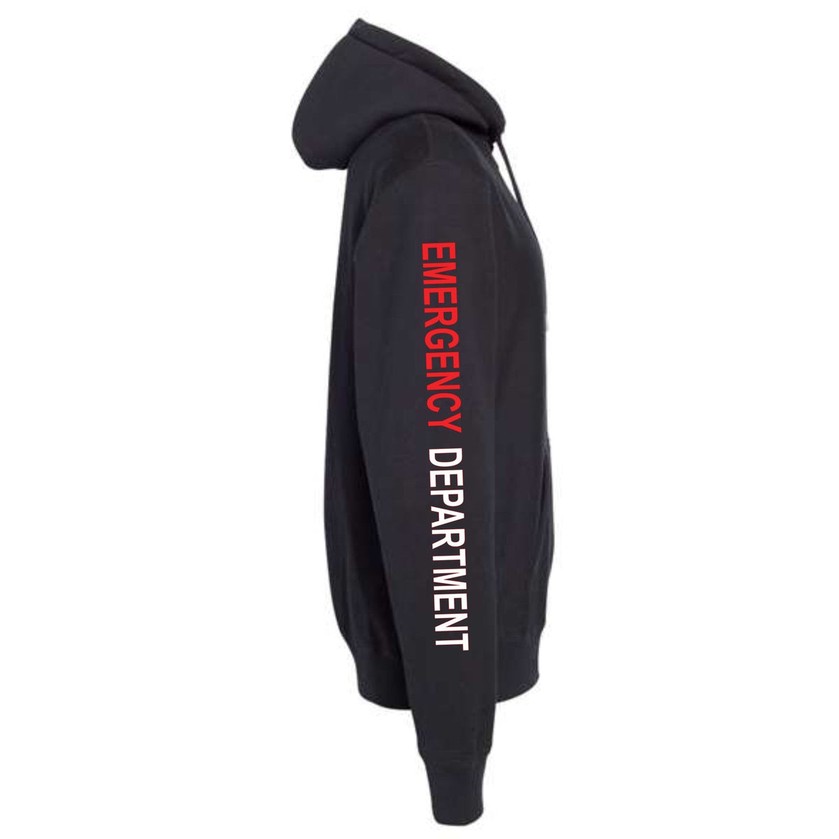 Ashtown Clothing black unisex zip-up hoodie with Emergency Department text printed in red and white on the sleeve.