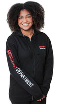Ashtown Clothing black unisex zip-up hoodie with Emergency Department branding on the chest and sleeve on a model
