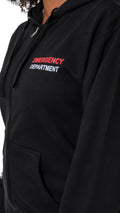 Ashtown Clothing black unisex zip-up hoodie with Emergency Department text printed in red and white on the chest