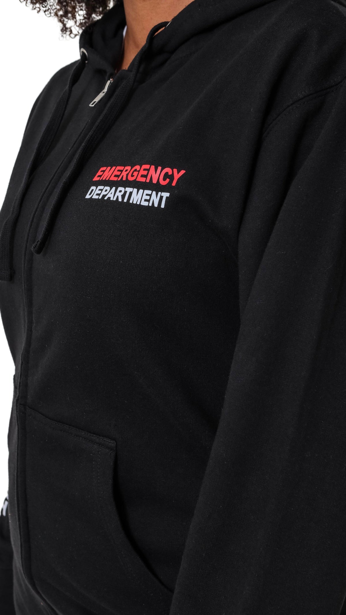 Ashtown Clothing black unisex zip-up hoodie with Emergency Department text printed in red and white on the chest