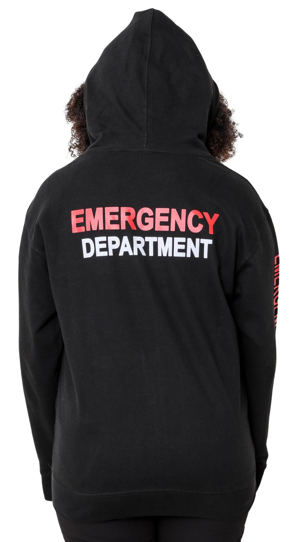 Ashtown Clothing black unisex zip-up hoodie with Emergency Department print on the back and sleeve, worn by a model.
