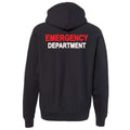 Ashtown Clothing black unisex zip-up hoodie with Emergency Department printed in bold red and white on the back