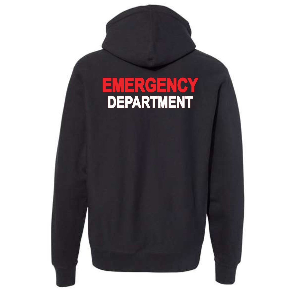 Ashtown Clothing black unisex zip-up hoodie with Emergency Department printed in bold red and white on the back