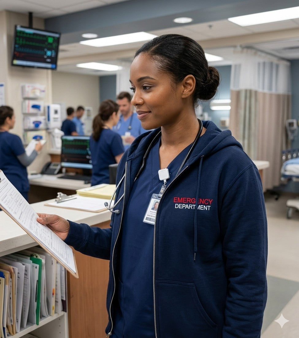 Ashtown Clothing navy blue zip-up hoodie with Emergency Department branding worn by a nurse in a hospital setting.