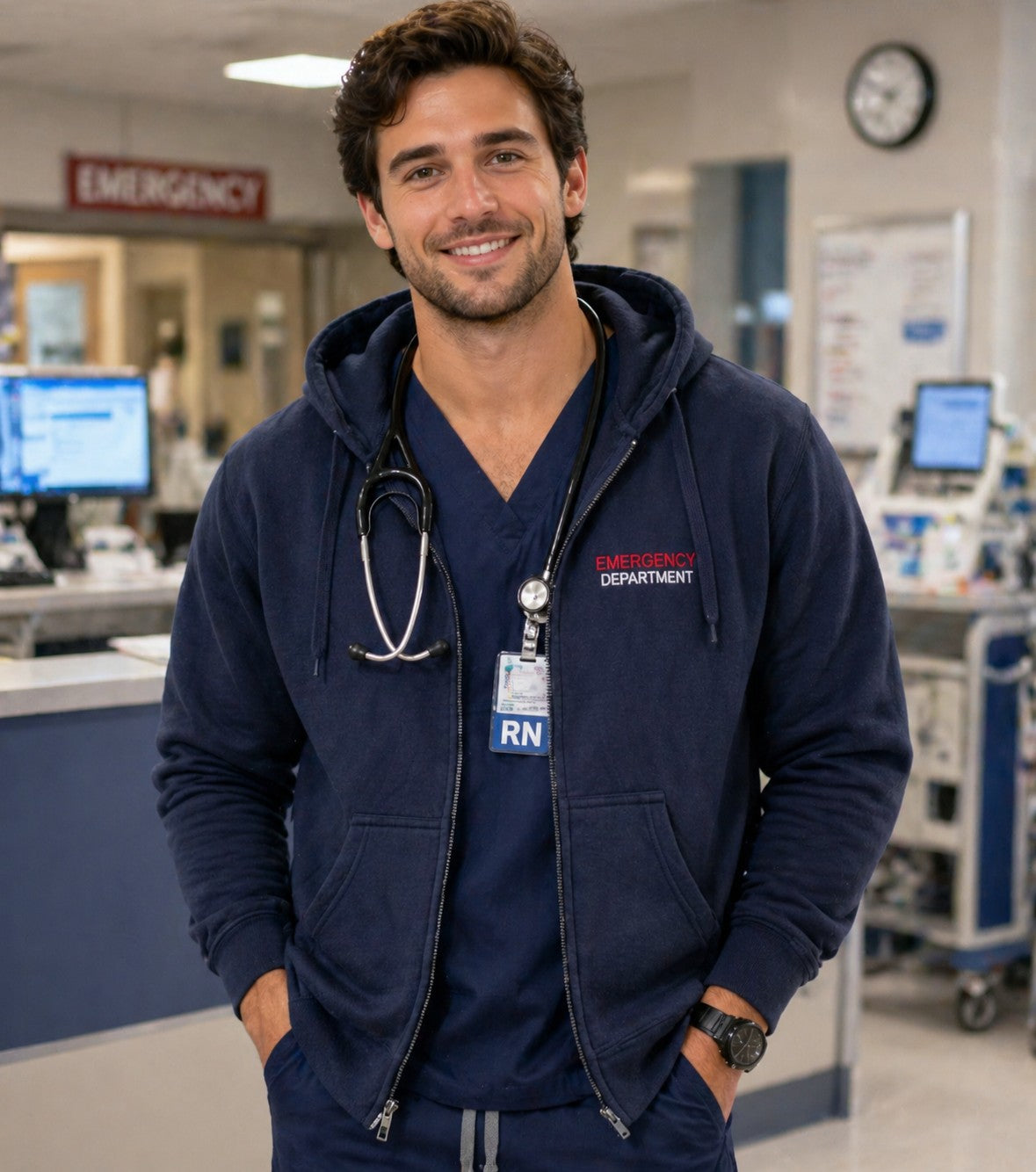 Ashtown Clothing navy blue zip-up hoodie with Emergency Department logo worn by a male nurse in a hospital setting