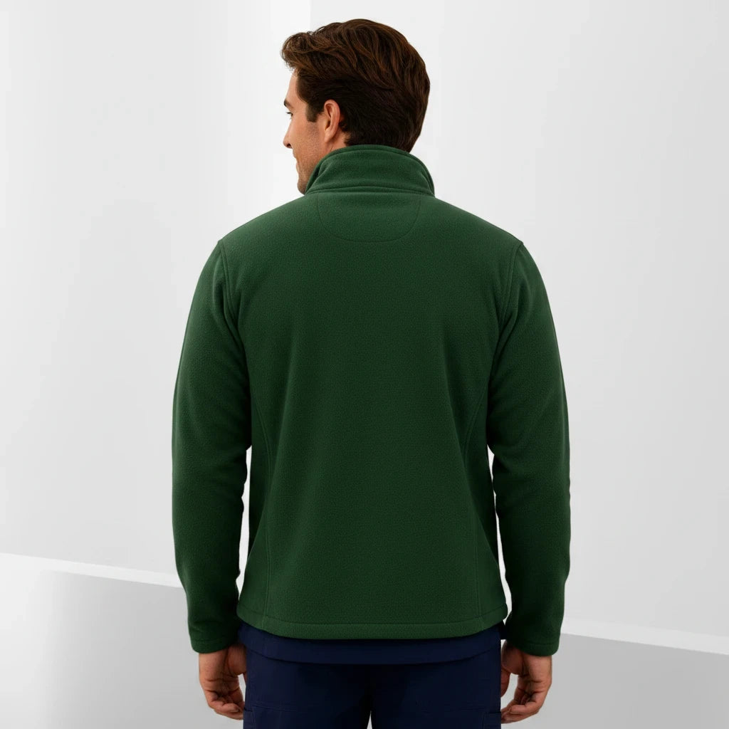 Ashtown Clothing men's dark green fleece medical jacket with a stand-up collar, back view on a model
