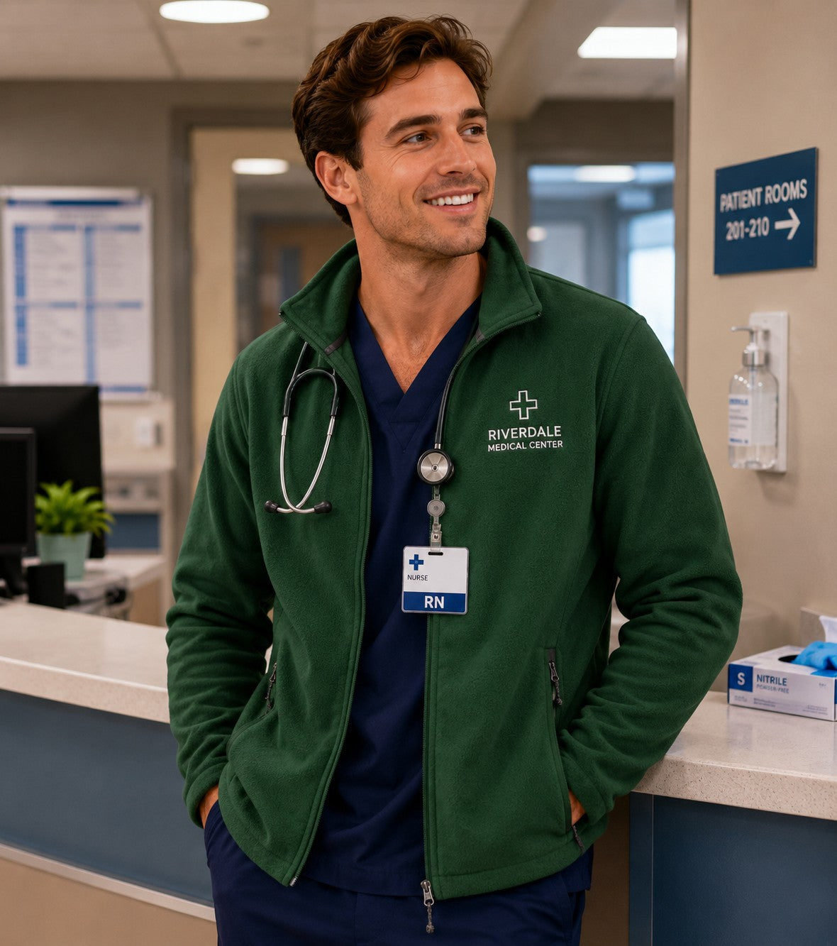 Ashtown Clothing forest green full zip fleece medical jacket worn by a male nurse in a hospital setting