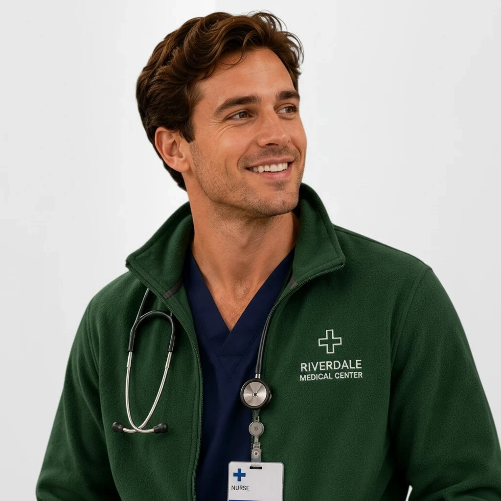 Ashtown Clothing dark green fleece medical jacket with full zip and custom embroidery worn by a male healthcare worker