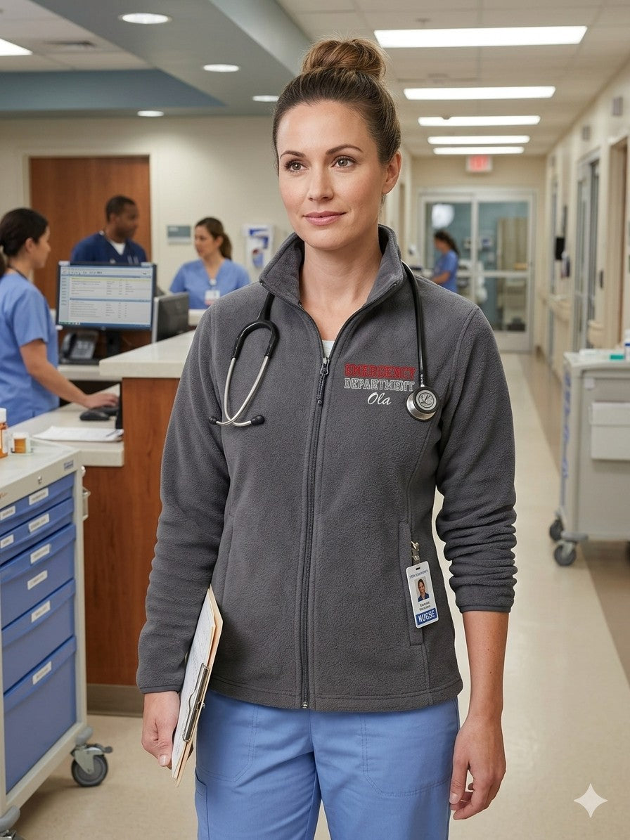 Ashtown Clothing women's grey full-zip fleece medical jacket with stand-up collar and custom embroidery in a hospital.