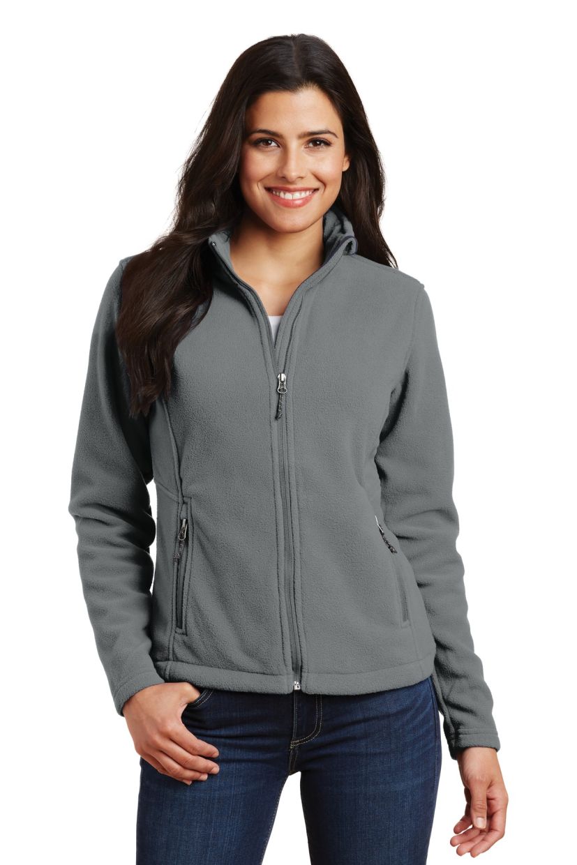 Ashtown Clothing women's grey full-zip fleece medical jacket with a stand-up collar and zippered side pockets.