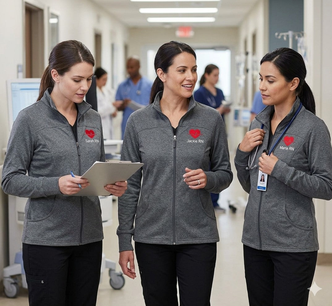 Three healthcare professionals wearing Ashtown Clothing heather grey performance full-zip jackets in a hospital hallway.