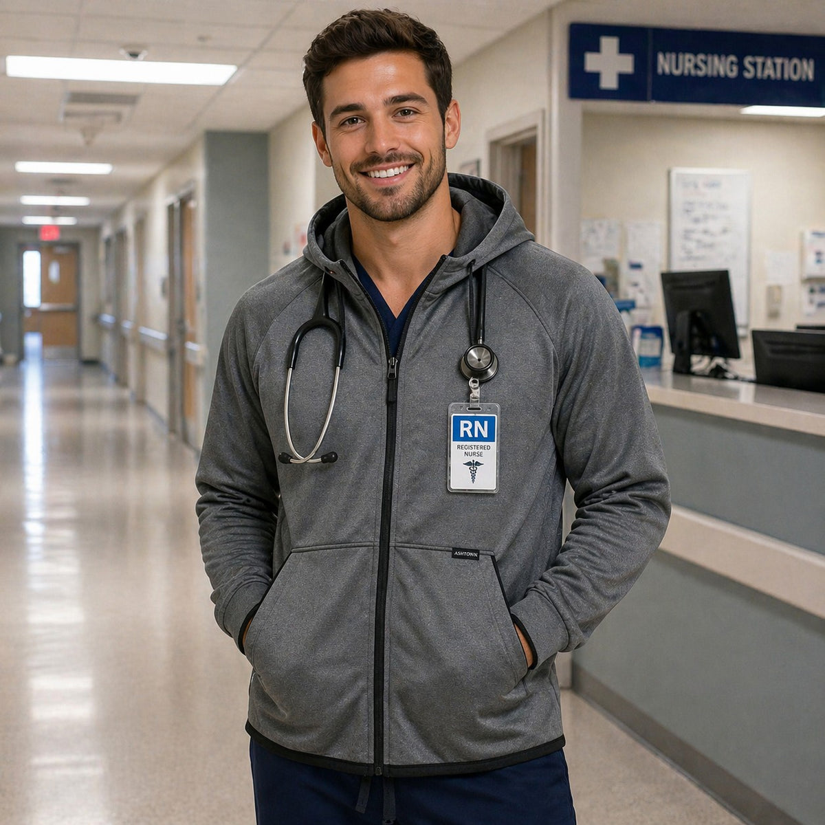 Male nurse wearing a grey Ashtown Clothing performance full zip hooded jacket with a stethoscope in a hospital hallway.
