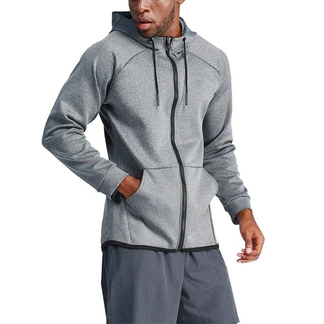Ashtown Clothing grey performance full zip hooded jacket with raglan sleeves and front pockets on a male model