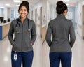 Ashtown Clothing women's heather grey performance full-zip medical jacket with fleece lining and back zipper pocket.