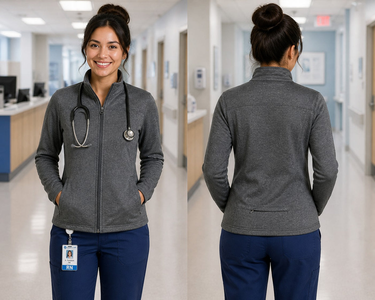 Ashtown Clothing women's heather grey performance full-zip medical jacket with fleece lining and back zipper pocket.