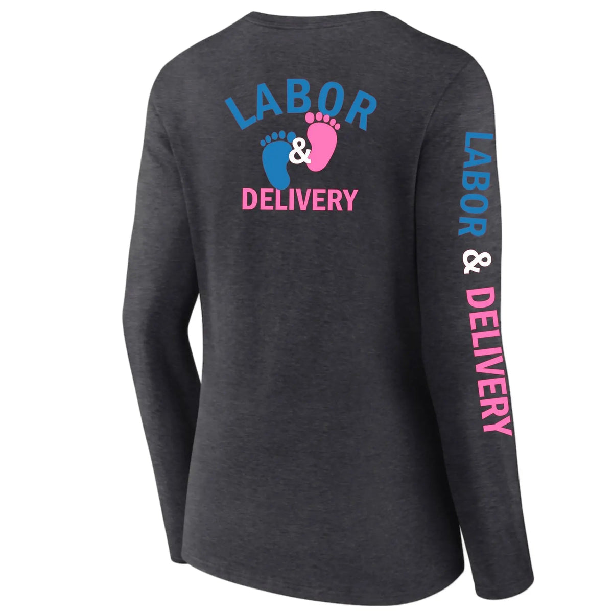 Ashtown Clothing charcoal grey long sleeve tee with Labor and Delivery baby footprint graphic on back and sleeve