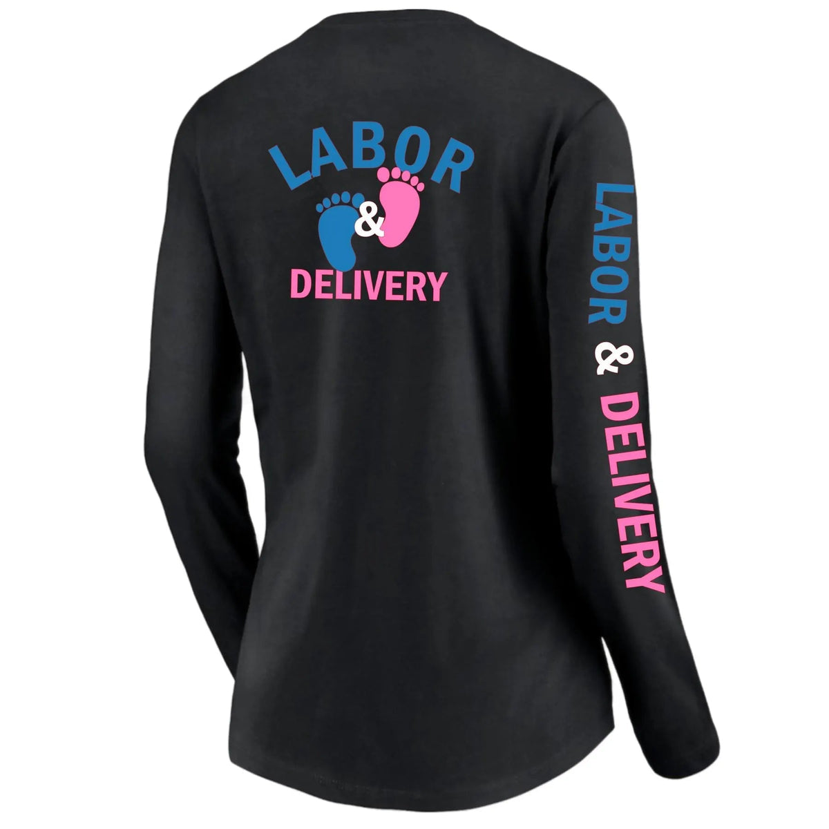 Ashtown Clothing black long sleeve tee with blue and pink baby footprint graphic and Labor & Delivery text on back