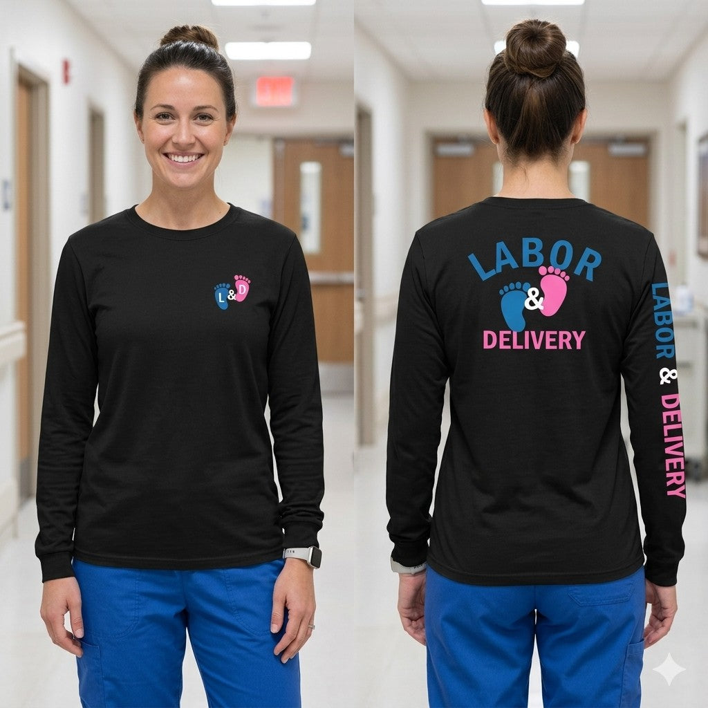 Ashtown Clothing black long sleeve tee with baby footprint graphic for Labor and Delivery nurses, front and back view