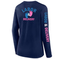 Ashtown Clothing navy long sleeve tee with Labor and Delivery baby footprint graphic on back and sleeve