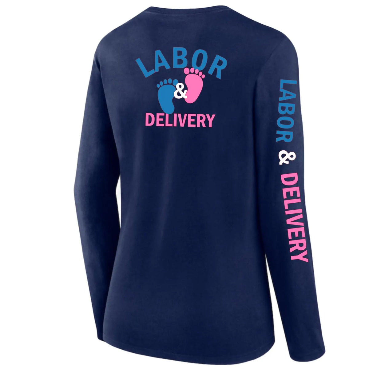 Ashtown Clothing navy long sleeve tee with Labor and Delivery baby footprint graphic on back and sleeve