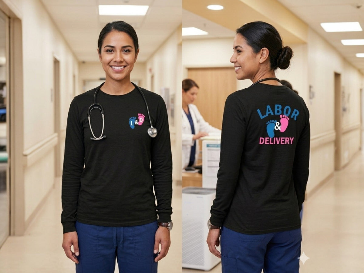 Ashtown Clothing black long sleeve tee with baby footprint graphic for Labor and Delivery nurses in a hospital setting