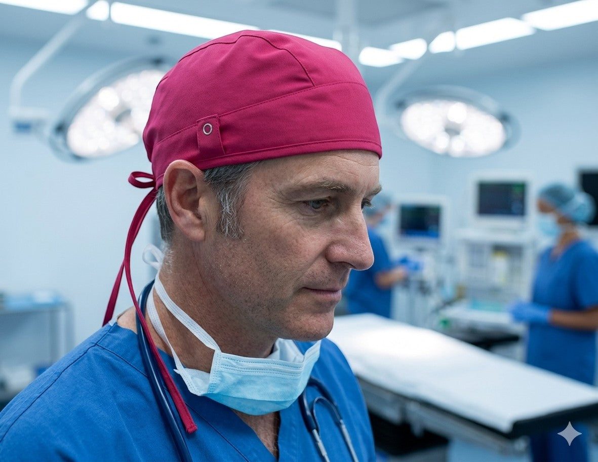 Ashtown Clothing professional medical scrub hat in magenta worn by a male surgeon in a hospital operating room
