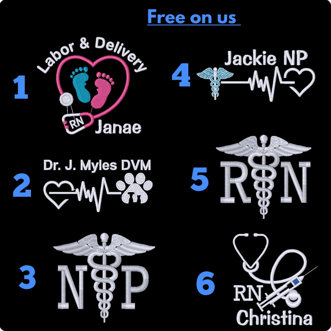 Ashtown Clothing custom embroidery designs for medical jackets featuring stethoscopes, caduceus, and heart rhythms.