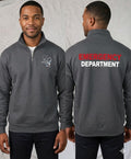 Ashtown Clothing charcoal grey quarter-zip fleece pullover with custom medical embroidery and back text.