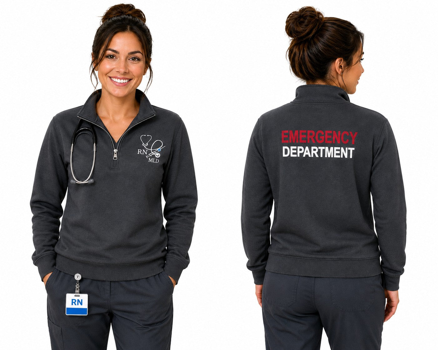 Ashtown Clothing charcoal grey unisex quarter-zip fleece pullover with custom medical embroidery and back text