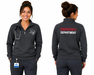 Ashtown Clothing charcoal grey unisex quarter-zip fleece pullover with custom medical embroidery and back text