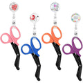 Ashtown Clothing medical trauma shears in pink, blue, orange, and purple with matching retractable badge reels.