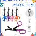Ashtown Clothing 5.9-inch medical trauma shears with black serrated blades, colorful handles, and retractable badge reel.