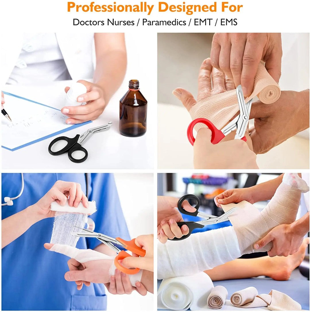 Ashtown Clothing stainless steel medical trauma shears with ergonomic handles and retractable badge reel in use
