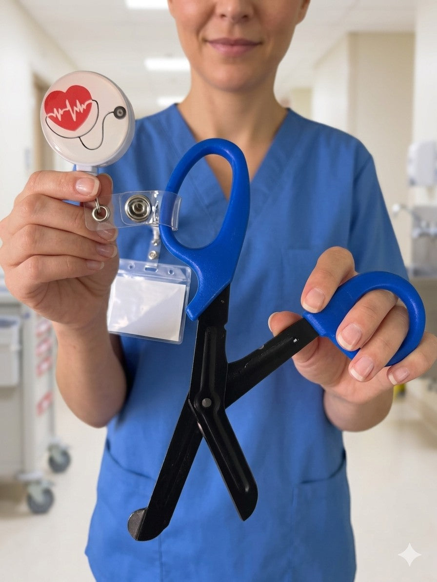 Ashtown Clothing medical trauma shears with black blades, blue handles, and a heart-themed retractable badge reel.