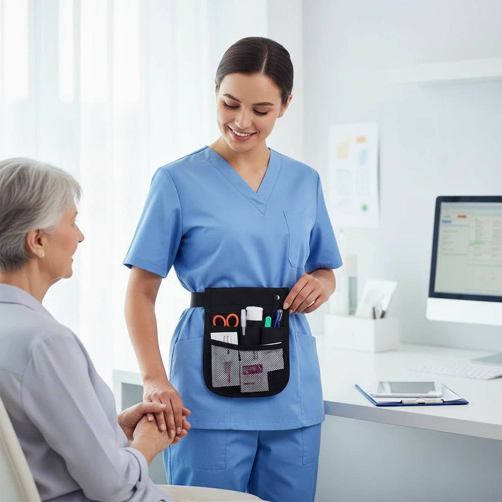 Ashtown Clothing black medical utility waist organizer pouch worn by a nurse in a clinical setting