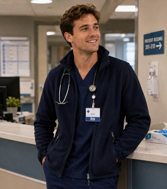 Male nurse wearing an Ashtown Clothing navy blue full zip fleece jacket over navy scrubs in a hospital hallway.