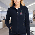 Ashtown Clothing navy blue fleece medical jacket with full zip, stand-up collar, and custom stethoscope embroidery.
