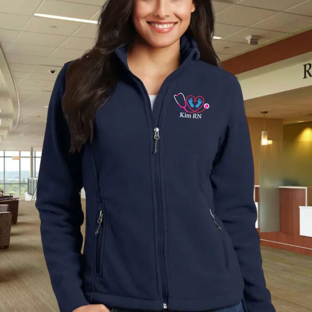 Ashtown Clothing navy blue full zip fleece medical jacket with custom stethoscope and footprint embroidery