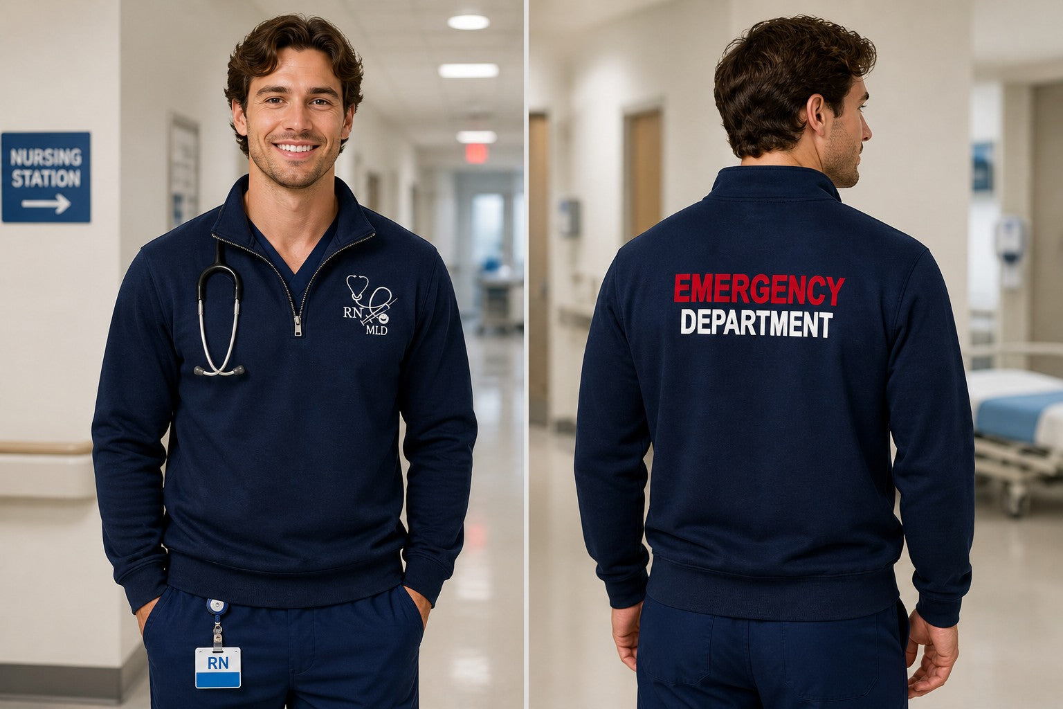Ashtown Clothing navy fleece quarter-zip pullover with custom medical embroidery worn by a male nurse in a hospital.