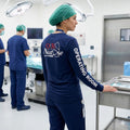 Ashtown Clothing navy long sleeve shirt with OR Nurse graphic and Operating Room text on sleeve worn by a nurse