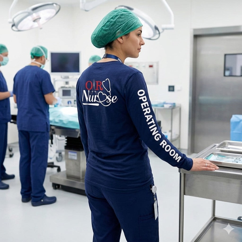 Ashtown Clothing navy long sleeve shirt with OR Nurse graphic and Operating Room text on sleeve worn by a nurse