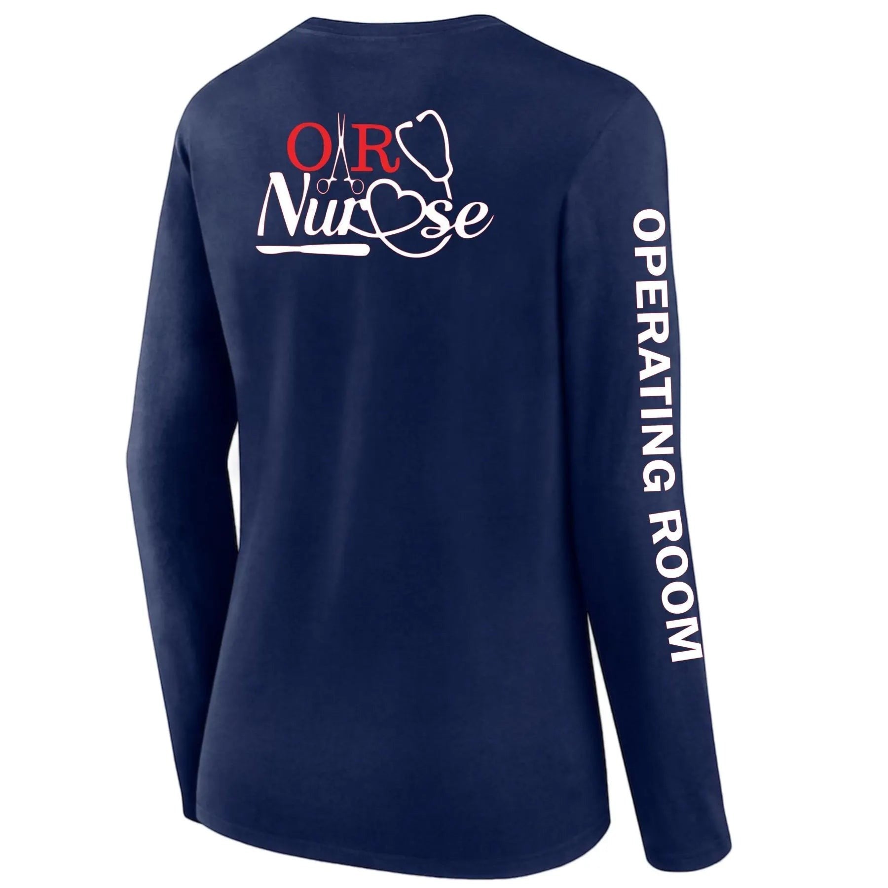 Ashtown Clothing navy blue long sleeve shirt with OR Nurse graphic on back and Operating Room text on the sleeve
