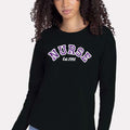 Ashtown Clothing black long-sleeve t-shirt with purple glitter Nurse Est. 1991 collegiate-style graphic appliqué