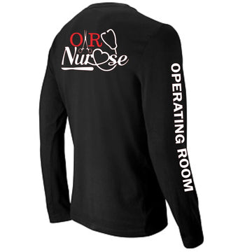 Ashtown Clothing black long sleeve shirt with OR Nurse graphic on back and Operating Room text on the sleeve