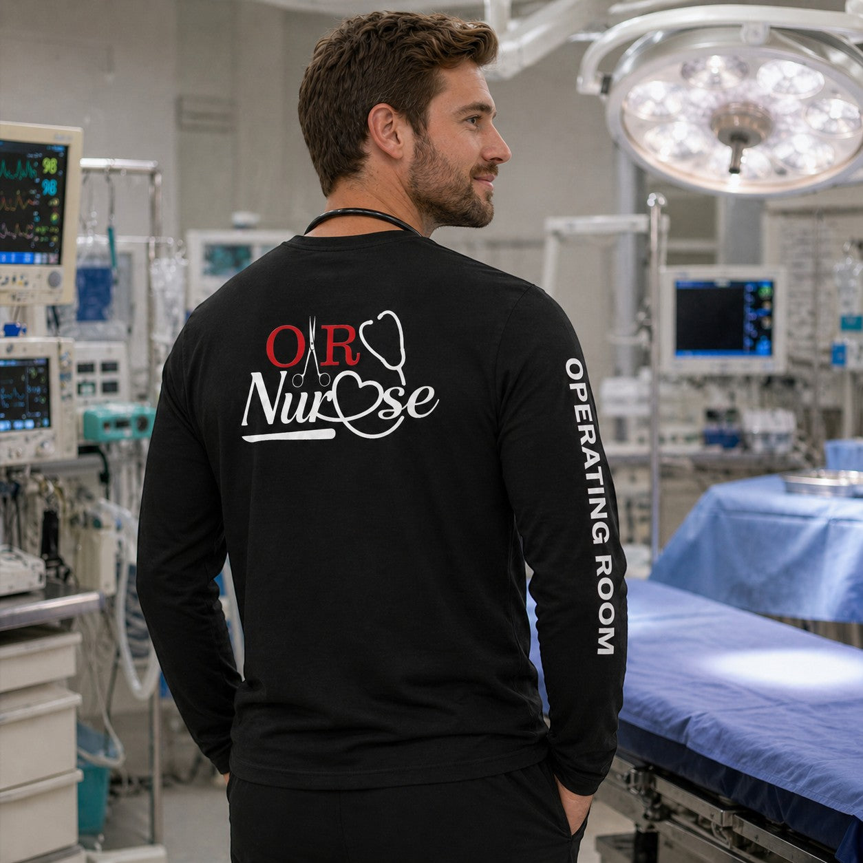 Ashtown Clothing black long sleeve shirt with Operating Room Nurse graphic on back and text on sleeve in an OR setting