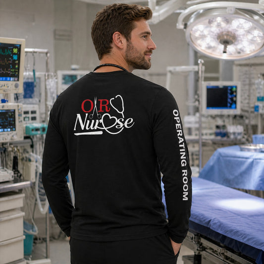 Ashtown Clothing black long sleeve shirt with Operating Room Nurse graphic on back and text on sleeve in an OR setting