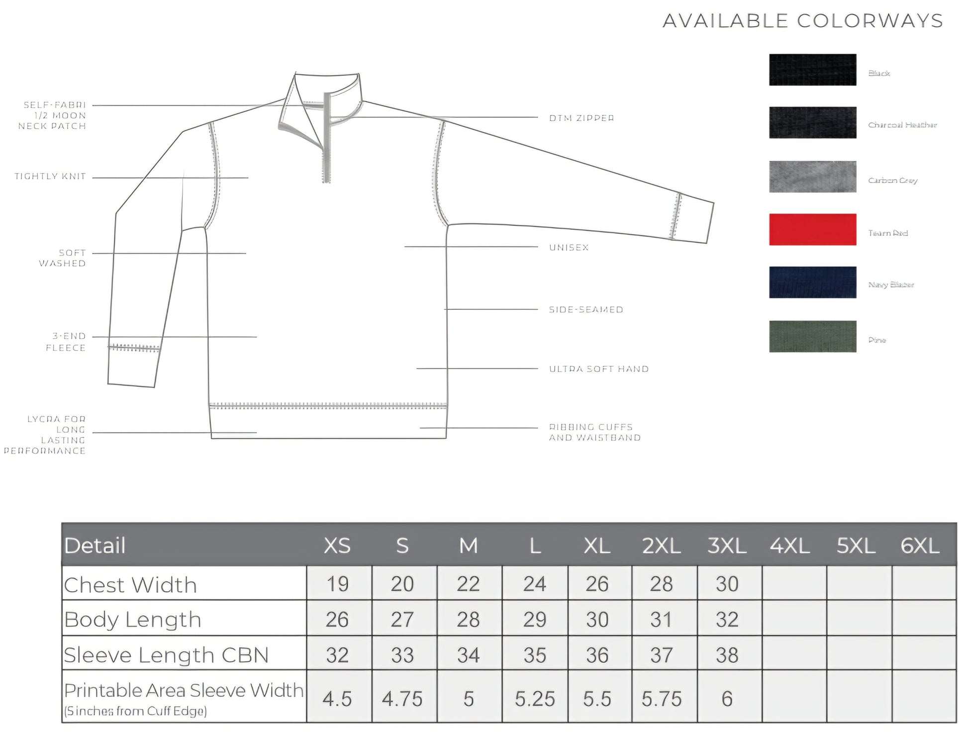 Ashtown Clothing unisex medical quarter zip pullover technical diagram showing fleece material and sizing details