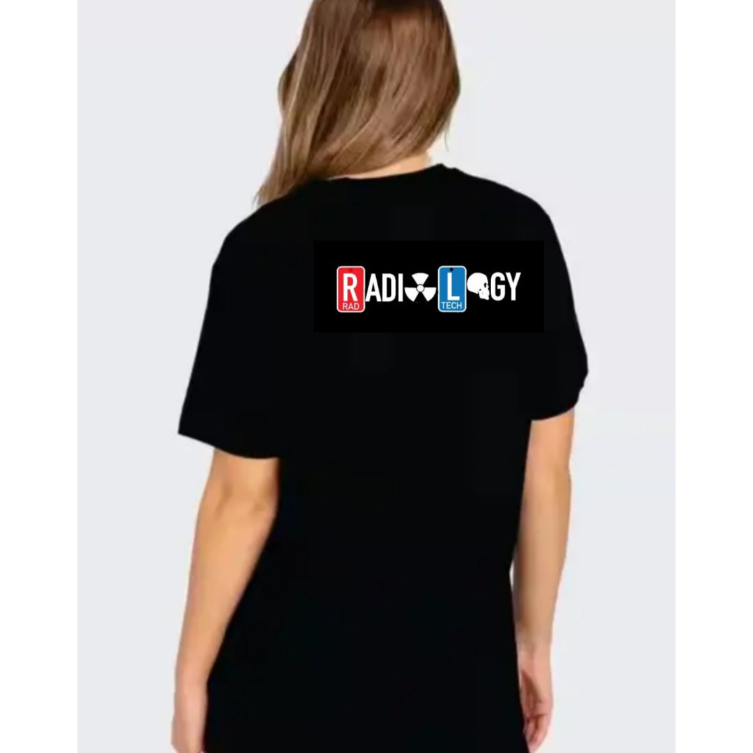 Ashtown Clothing black short sleeve t-shirt with a Radiology Department graphic on the back for medical professionals.