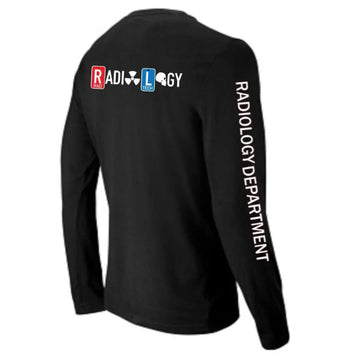 Ashtown Clothing black long sleeve t-shirt with Radiology Department graphic on back and sleeve for medical staff